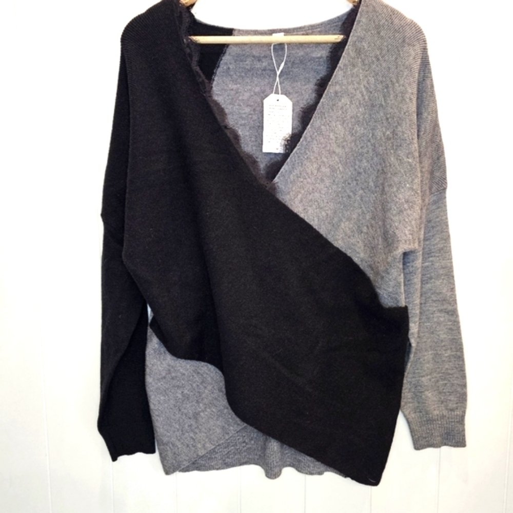 Made With Love Lace Sweater Women's Size Medium Black Grey NWT V Neck Sexy